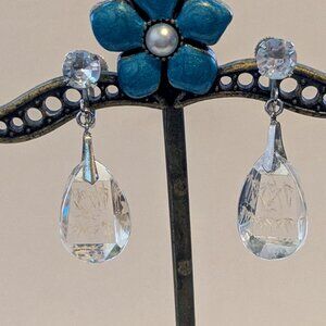 Vintage Rock Crystal Sterling Silver Bamboo Etched Dangle Screw Back Earrings